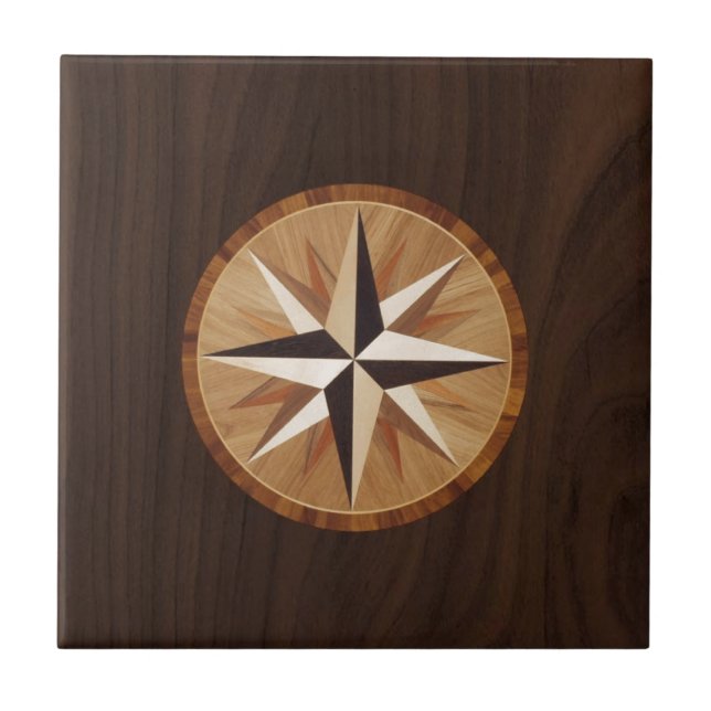 Nautical Star Dark Wood Marquetry Look Ceramic Tile (Front)