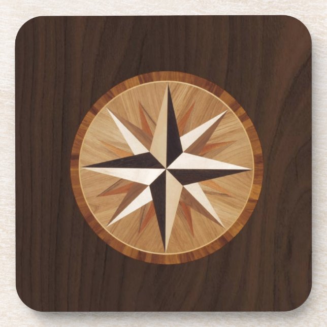 Nautical Star Dark Wood Marquetry Look Drink Coaster (Front)