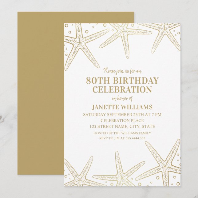 Nautical Starfish Beach Adult 80th Birthday Party Invitation (Front/Back)