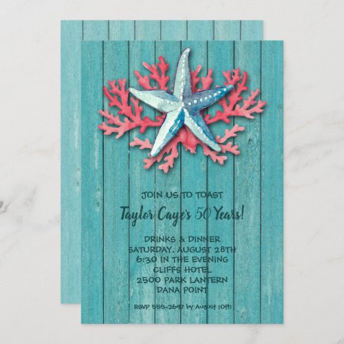 Nautical Starfish Coral on Turquoise Wood Invites