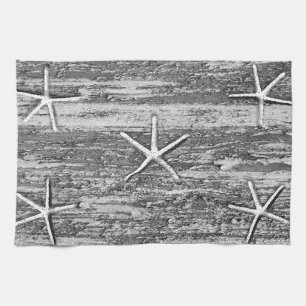 Nautical Starfish Driftwood Gray White Watercolor Kitchen Towel
