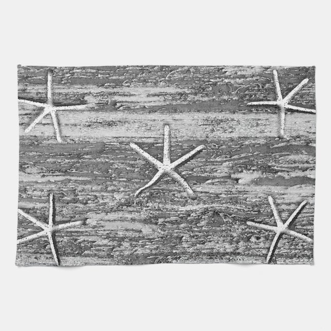 Nautical Starfish Driftwood Gray White Watercolor Kitchen Towel (Horizontal)