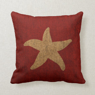 Nautical Starfish in Rustic Red and Burlap Look Throw Pillow
