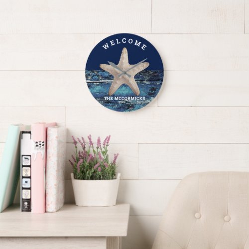 Nautical Starfish Navy Blue Beach House Monogram Large Clock