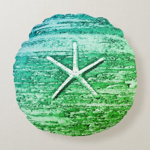 Nautical Starfish On Driftwood Watercolor Round Pillow