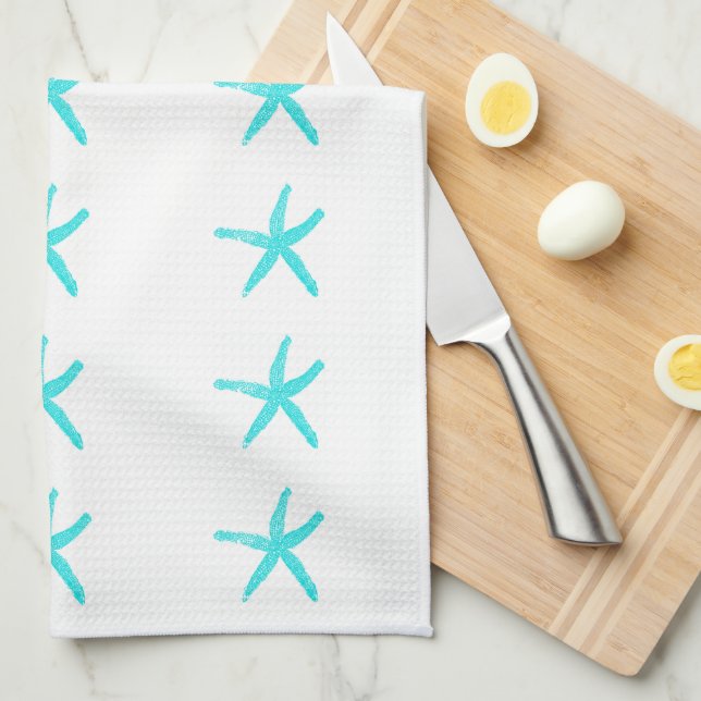 Nautical Starfish Patterns Sky Blue White Beach Kitchen Towel (Quarter Fold)