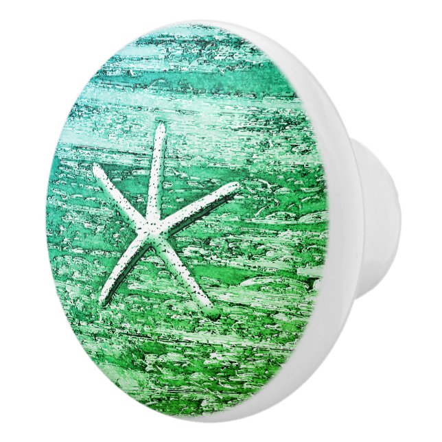 Nautical Starfish Weathered Wood Blue Green Ceramic Knob (Right)