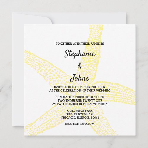 Nautical Starfish Yellow White Beach Theme Wedding Invitation