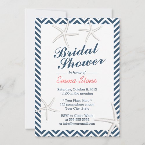 Nautical Starfishes Chevron Stripes Bridal Shower 5x7 Paper Invitation Card