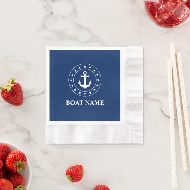 Nautical Stars Anchor Navy Blue Boat Name Napkins (Insitu)