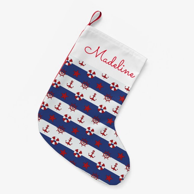 Nautical Stars And Stripes Pattern | Add Your Name Small Christmas Stocking (Front (Hanging))