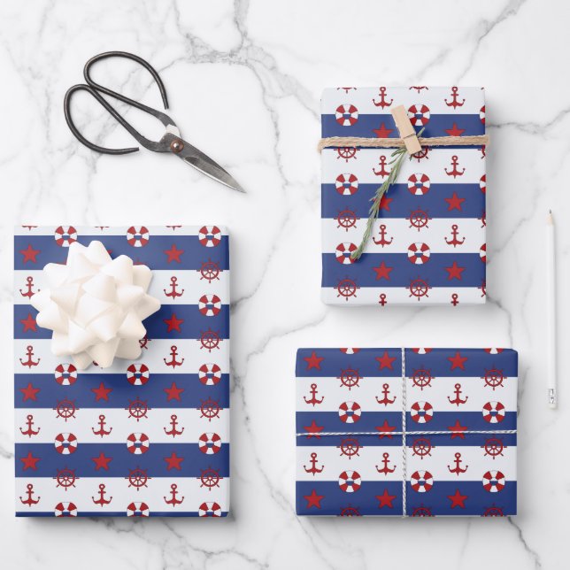Nautical Stars And Stripes Pattern Wrapping Paper Sheets (Front)