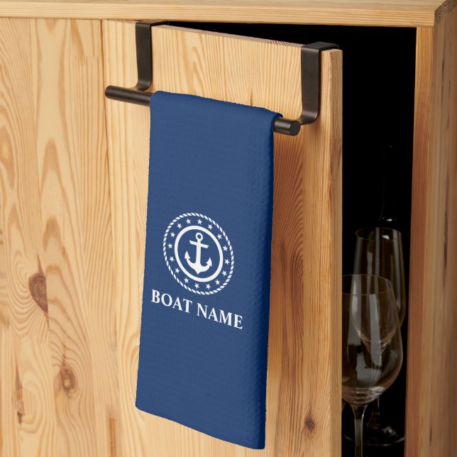 Nautical Stars Boat Name Anchor Navy Blue Kitchen Towel (Thirds Fold)