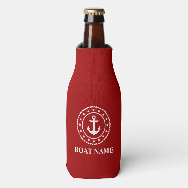 Nautical Stars Rope Boat Name Anchor Red Bottle Cooler (Bottle Front)