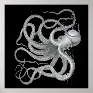 Nautical Steampunk Octopus Vintage Kraken Drawing Poster