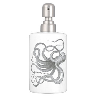 Nautical steampunk octopus vintage kraken drawing soap dispenser and toothbrush holder