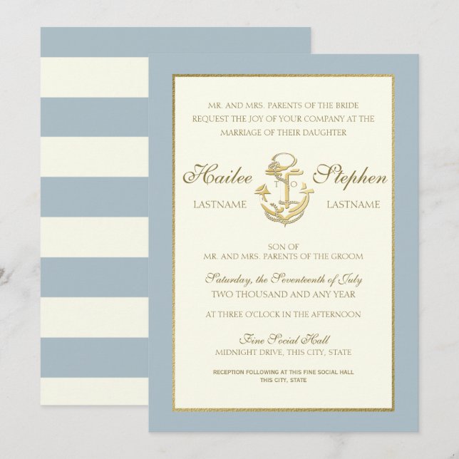 Nautical Steel Blue Wedding Invitation (Front/Back)