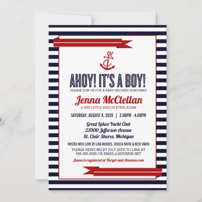 Nautical Stripe & Anchor Baby Shower Invitation (Front)