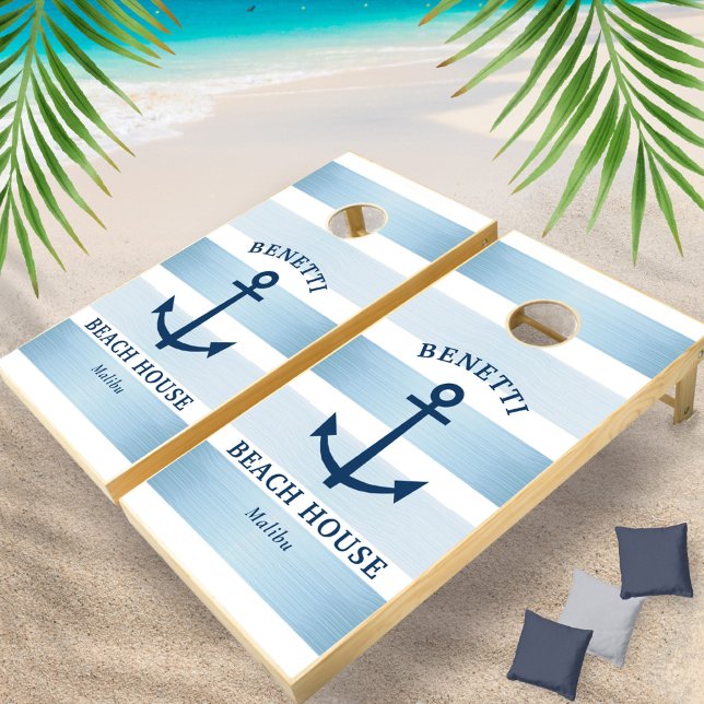 Nautical Stripe Anchor Coastal Beach House Cornhole Set (Creator Uploaded)