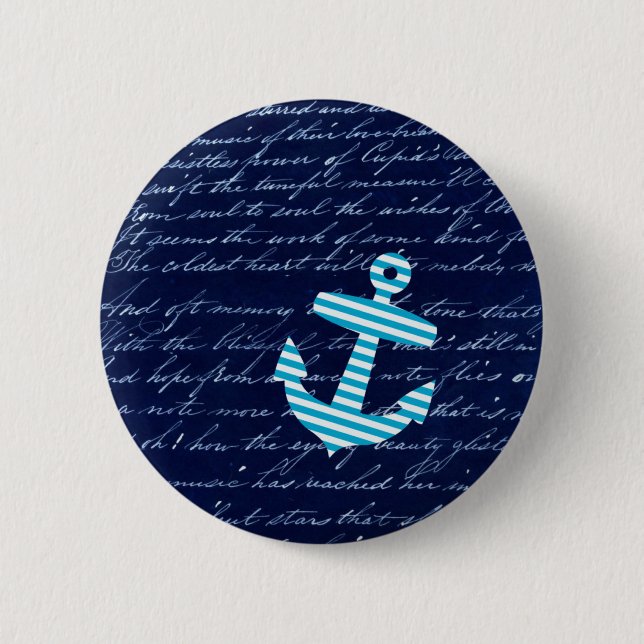 Nautical Stripe anchor handwriting design Pinback Button (Front)
