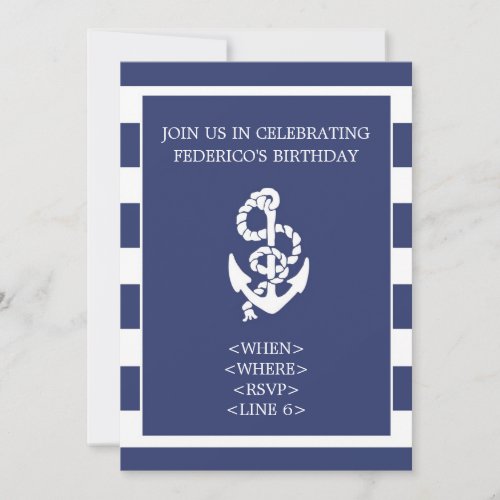 Nautical Stripe Anchor Party Invitation Navy Blue Invitation