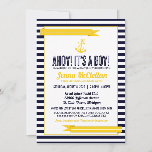 Nautical Stripe Anchor Yellow & Navy Baby Shower Invitation (Front)