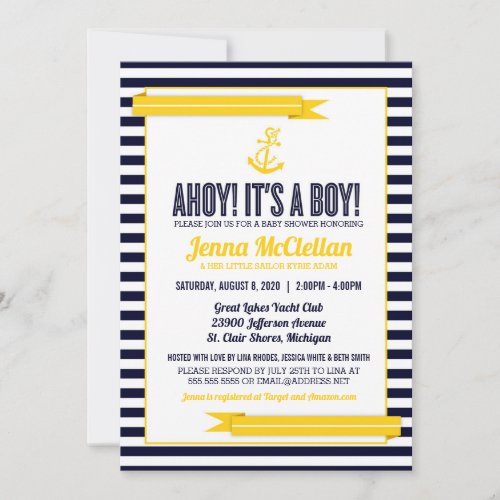 Nautical Stripe Anchor Yellow  Navy Baby Shower Invitation