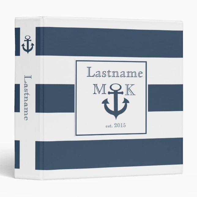 Nautical Stripe and Anchor Navy Blue 3 Ring Binder (Front/Spine)