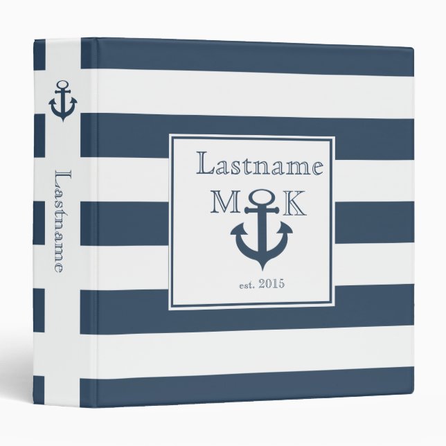 Nautical Stripe and Anchor Navy Blue Binder (Front/Spine)