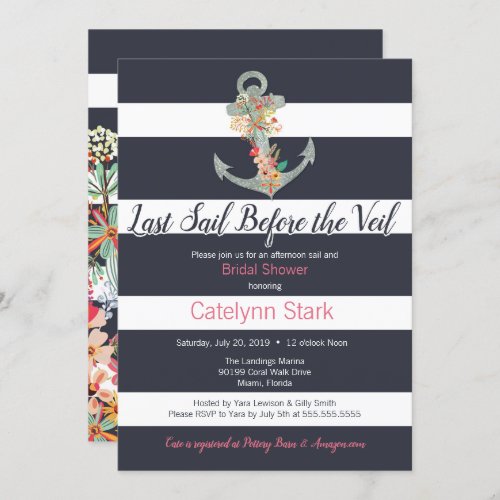 Nautical Stripe Floral Anchor Bridal Shower Invitation