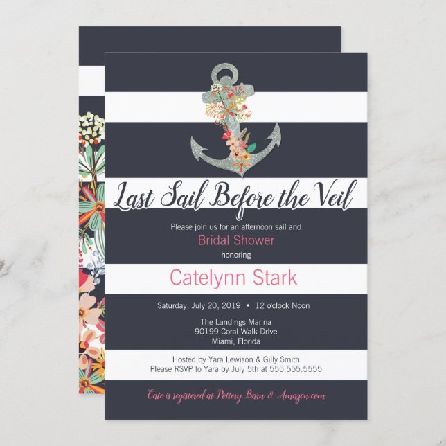 Nautical Stripe Floral Anchor Bridal Shower Invitation (Front/Back)