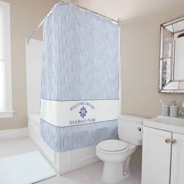  Nautical Stripe Monogram Boat Name Shower Curtain (In Situ)