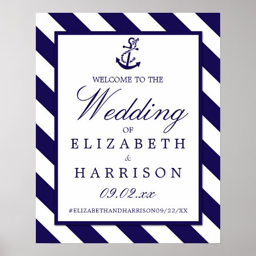 Nautical Stripe  Navy Blue Anchor Wedding Welcome Poster