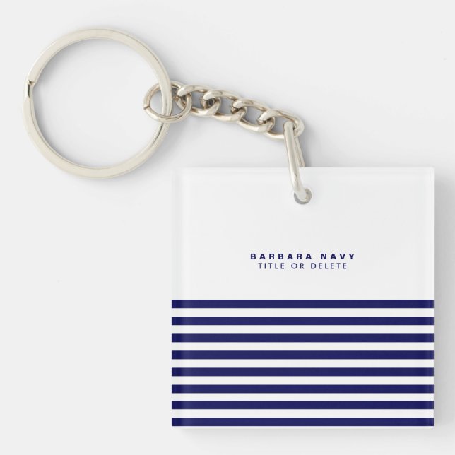 Nautical Stripe Navy Blue Trendy Stylish 8 Stripes Keychain (Front)