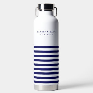 Nautical Stripe Navy Blue Trendy Stylish 9 Stripes Water Bottle