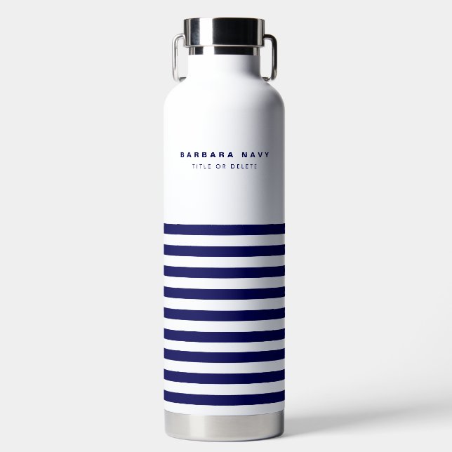 Nautical Stripe Navy Blue Trendy Stylish 9 Stripes Water Bottle (Front)
