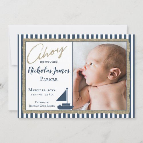 Nautical Stripe Sailboat Photo Birth Announcement