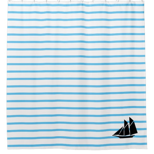 Nautical Stripe & Sailboat Shower Curtain (Front)