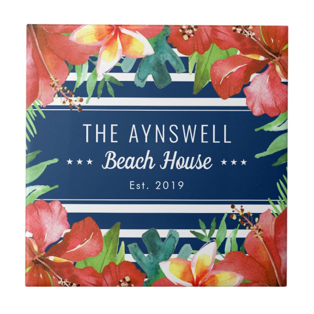 Nautical Stripe Tropical Floral Beach House Ceramic Tile (Front)