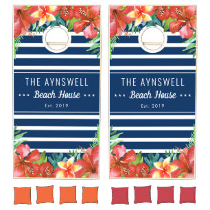 Nautical Stripe Tropical Floral Beach House Cornhole Set