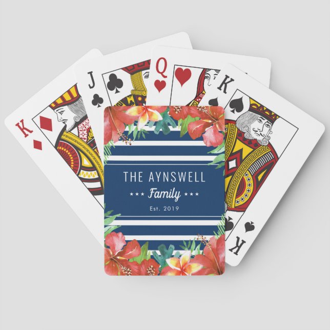 Nautical Stripe Tropical Floral Family Poker Cards (Back)