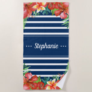 Nautical Stripe Tropical Floral Personalized Beach Towel