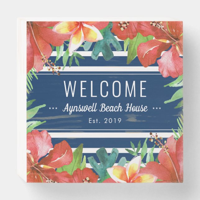 Nautical Stripe Tropical Floral Welcome Wooden Box Sign (Front Horizontal)