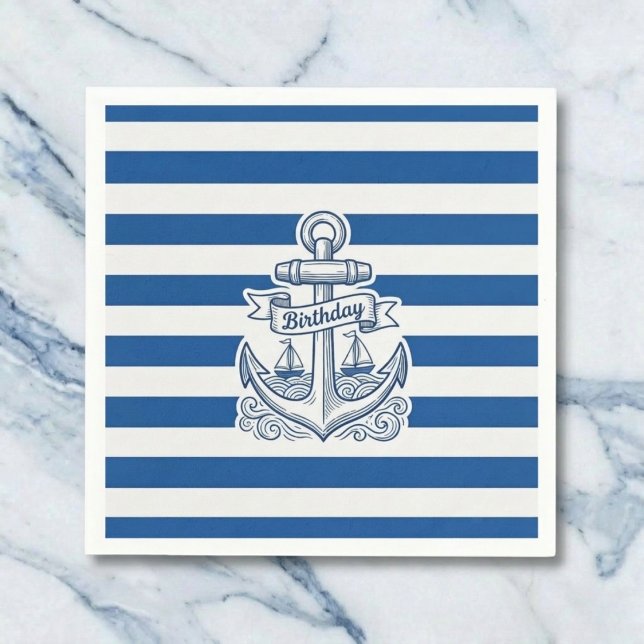 Nautical Striped Anchor Birthday Napkins (Classic stripes for your celebration.)