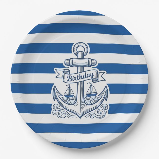 Nautical Striped Anchor Birthday Paper Plates (Front)