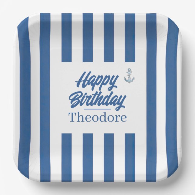 Nautical Striped Anchor Birthday Paper Plates (Front)