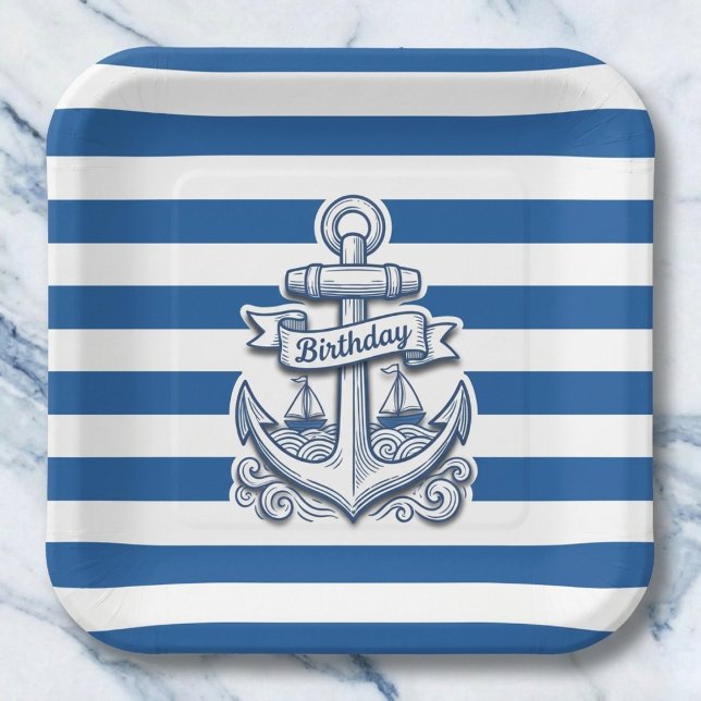 Nautical Striped Anchor Birthday Paper Plates (Set a stylish party table.)