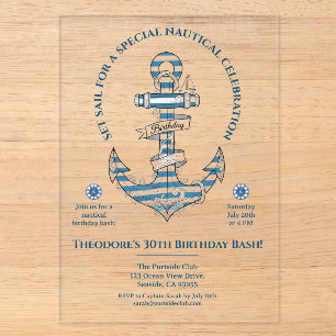 Nautical Striped Anchor Birthday Party Acrylic Invitations