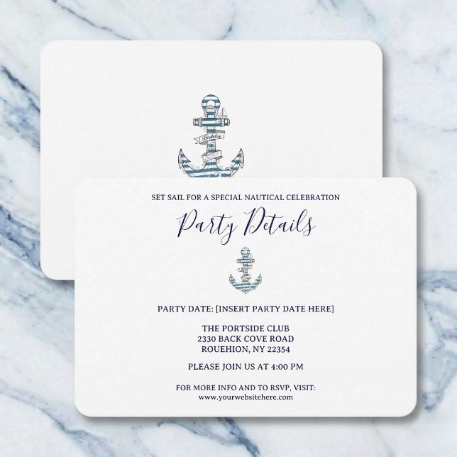 Nautical Striped Anchor Birthday Party Details RSVP Card (Perfect for your seaside event.)