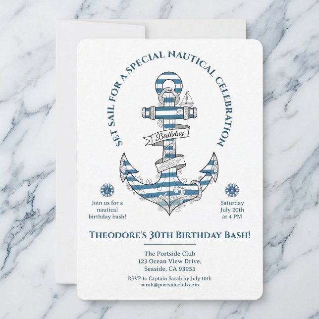 Nautical Striped Anchor Birthday Party Invitation (Coastal vibes for your special day.)